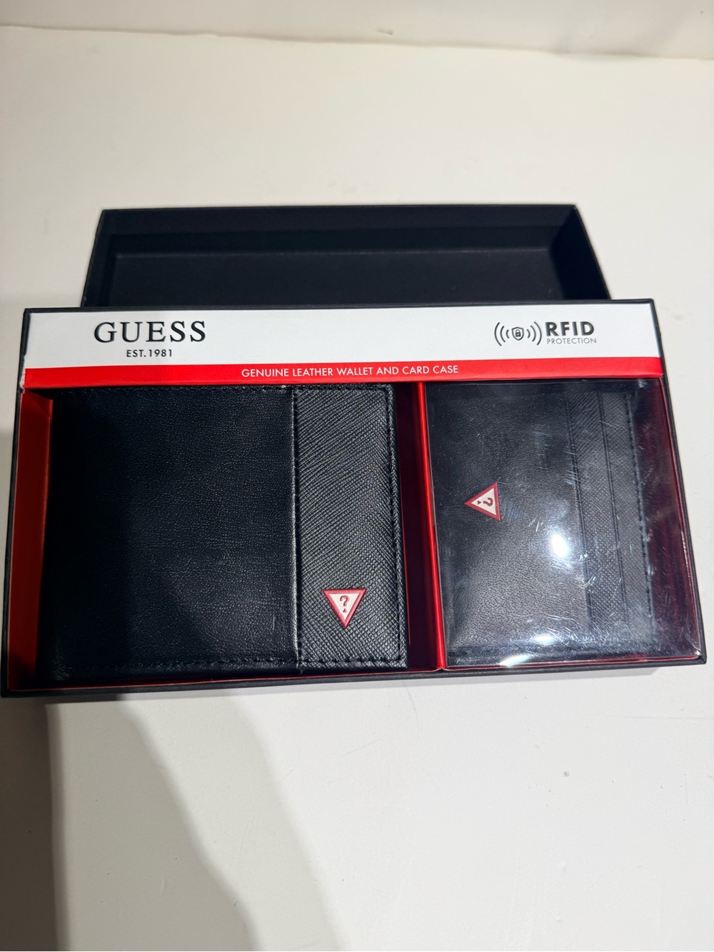 Guess Black Leather Wallet and Card Case Set with Red Logo Accents